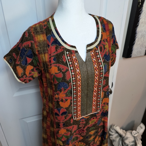 Shandar Embroidered Kaftan Multicolored Fall Vibes Floral Patchwork Dress M - Picture 3 of 8